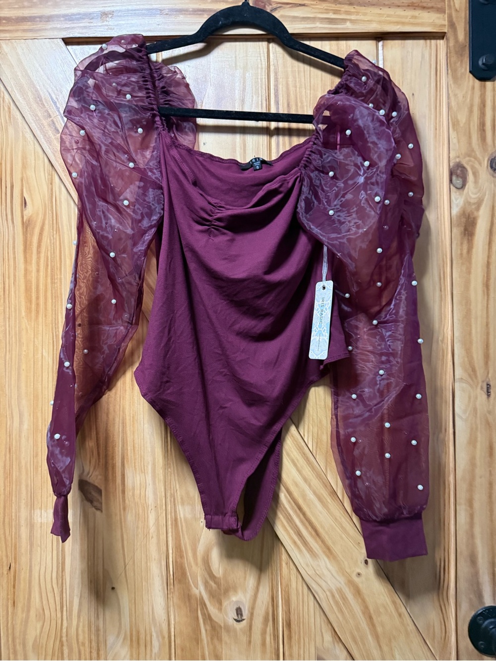 iris Maroon Pearl-Embellished Puff-Sleeve Bodysuit